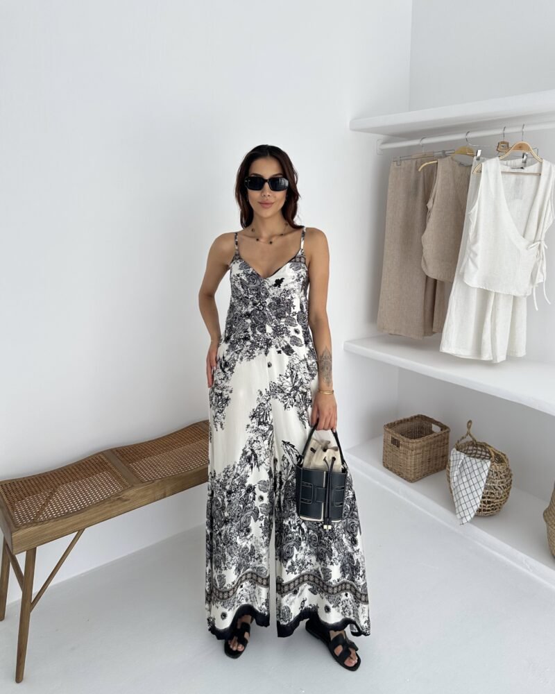 Floral Printed Silk Black & White Jumpsuit