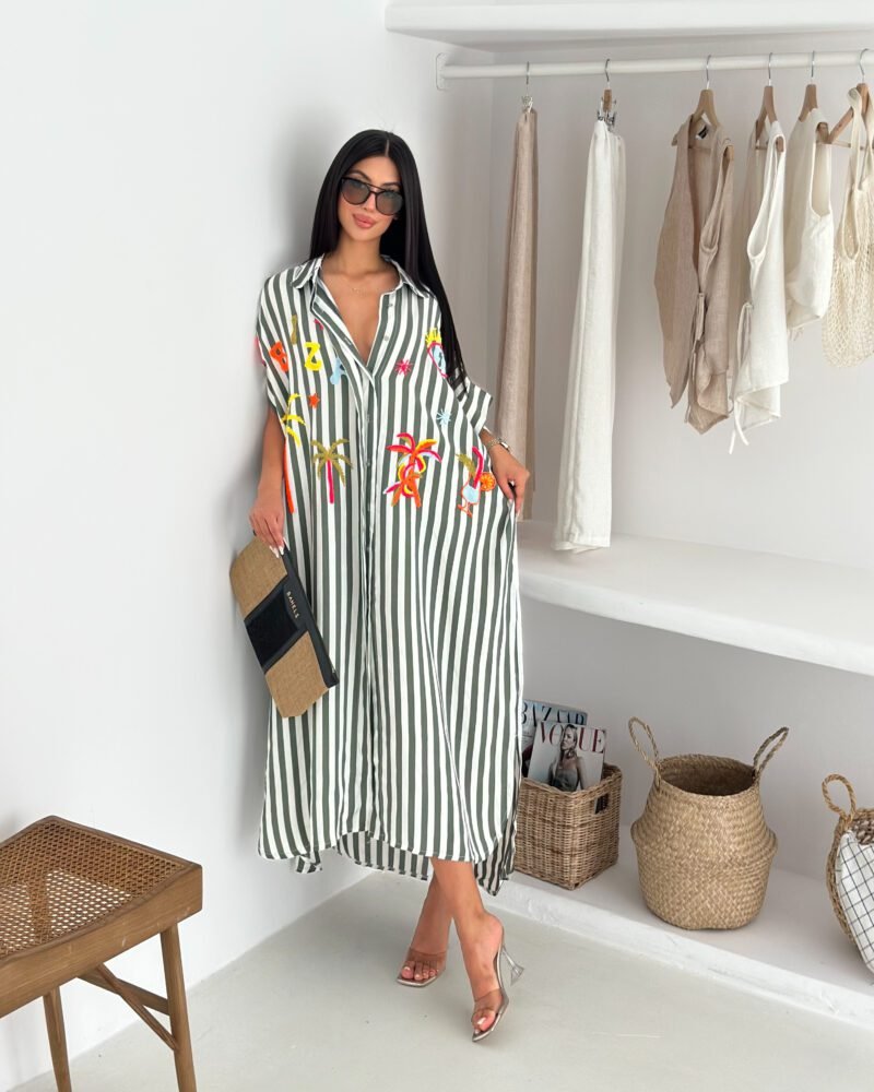 Striped Embroidered Maxi Dress – Green