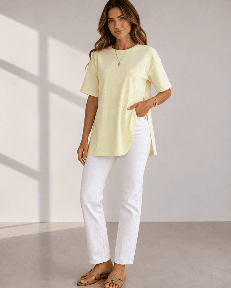 Round-Neck Side-Slit Baby Light Yellow T-Shirt