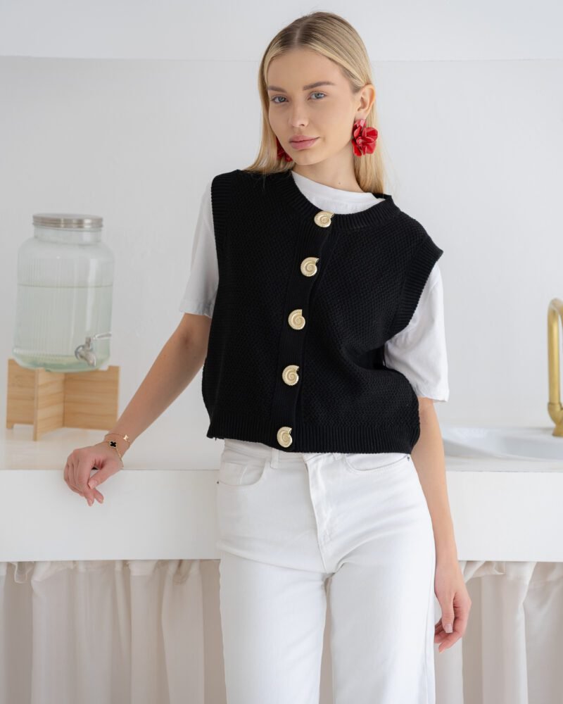 Knit Button Vest – Black