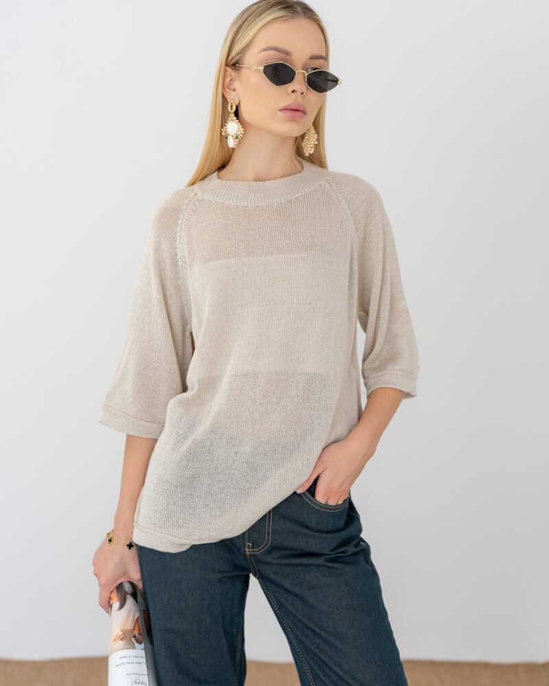 Relaxed Knit Half-Sleeve Sweater – Beige