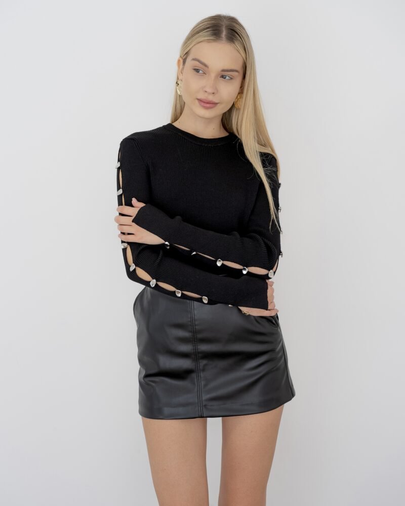 Pearl Sleeve Knit Top - Black