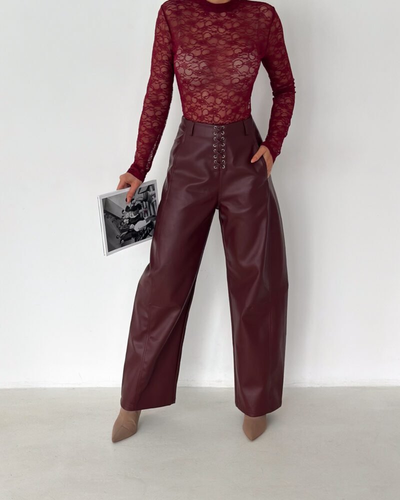Lace-Up Vegan Leather Wide-Leg Pants - Maroon