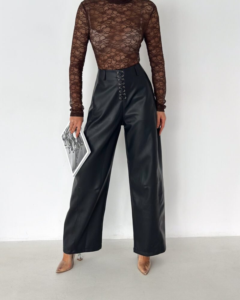 Lace-Up Vegan Leather Wide-Leg Pants - Black
