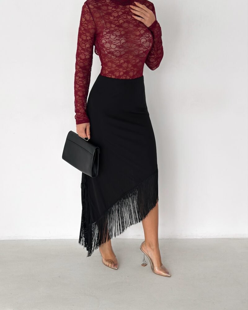 Fringe Elegance Midi Skirt - Black