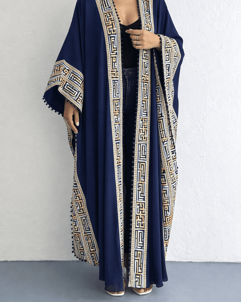Navy Blue Chiffon Abaya With Embroidery Design