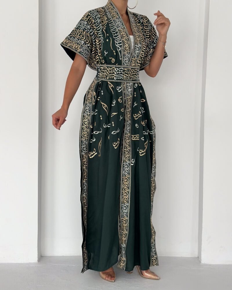 Royal Emerald Arabic Embroidered Kaftan – Deep Emerald Green