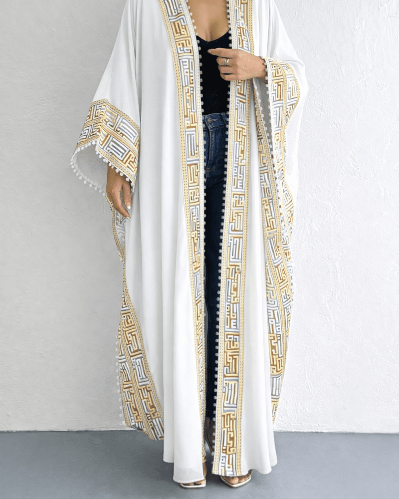 White Chiffon Abaya With Embroidery Design