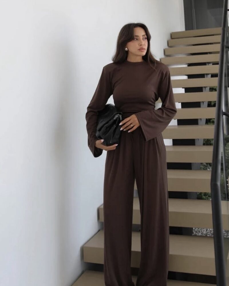 Soft Draped Wide Leg Set- Brown
