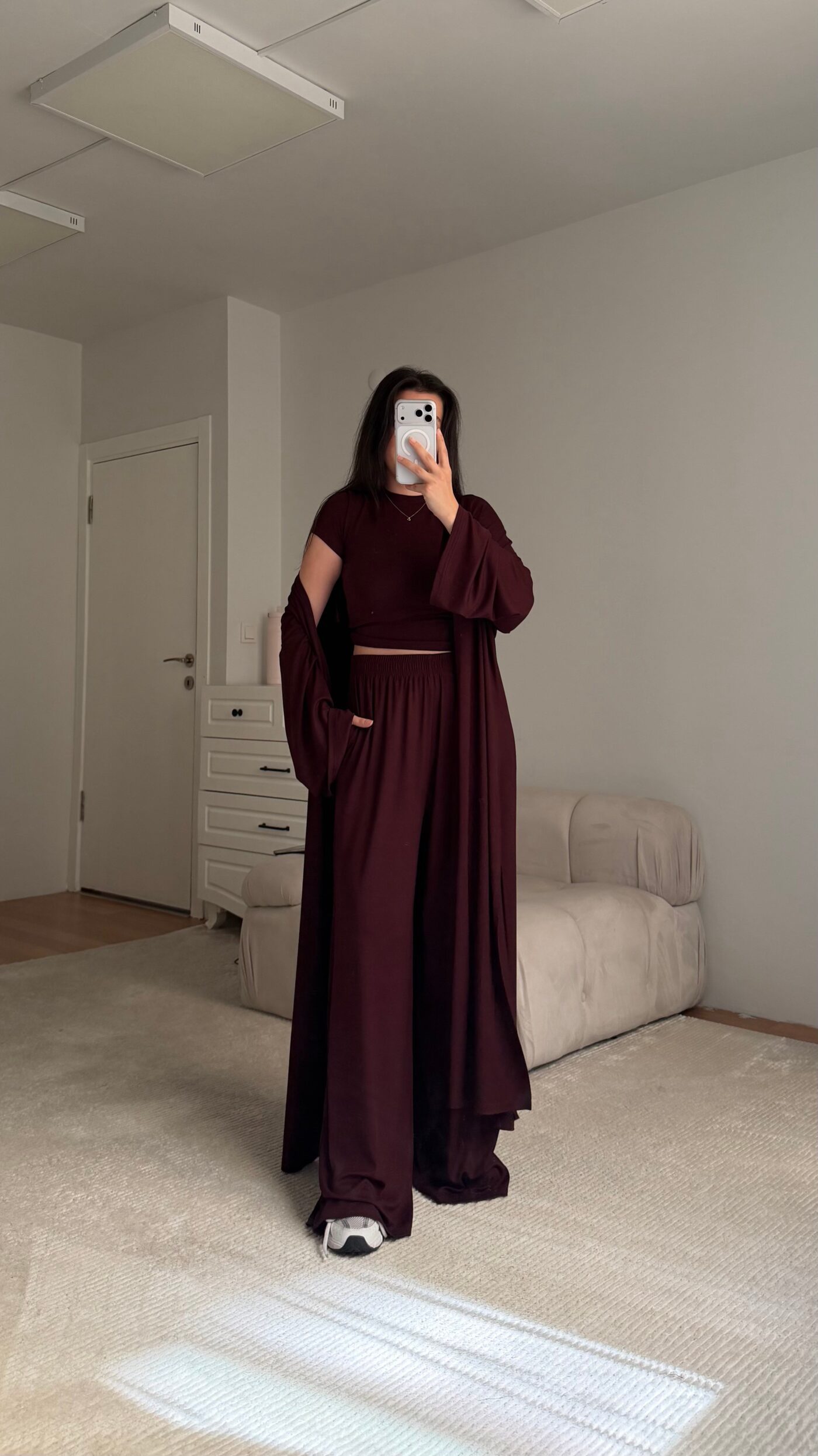 Flowing Maroon Cardigan Three-Piece Set