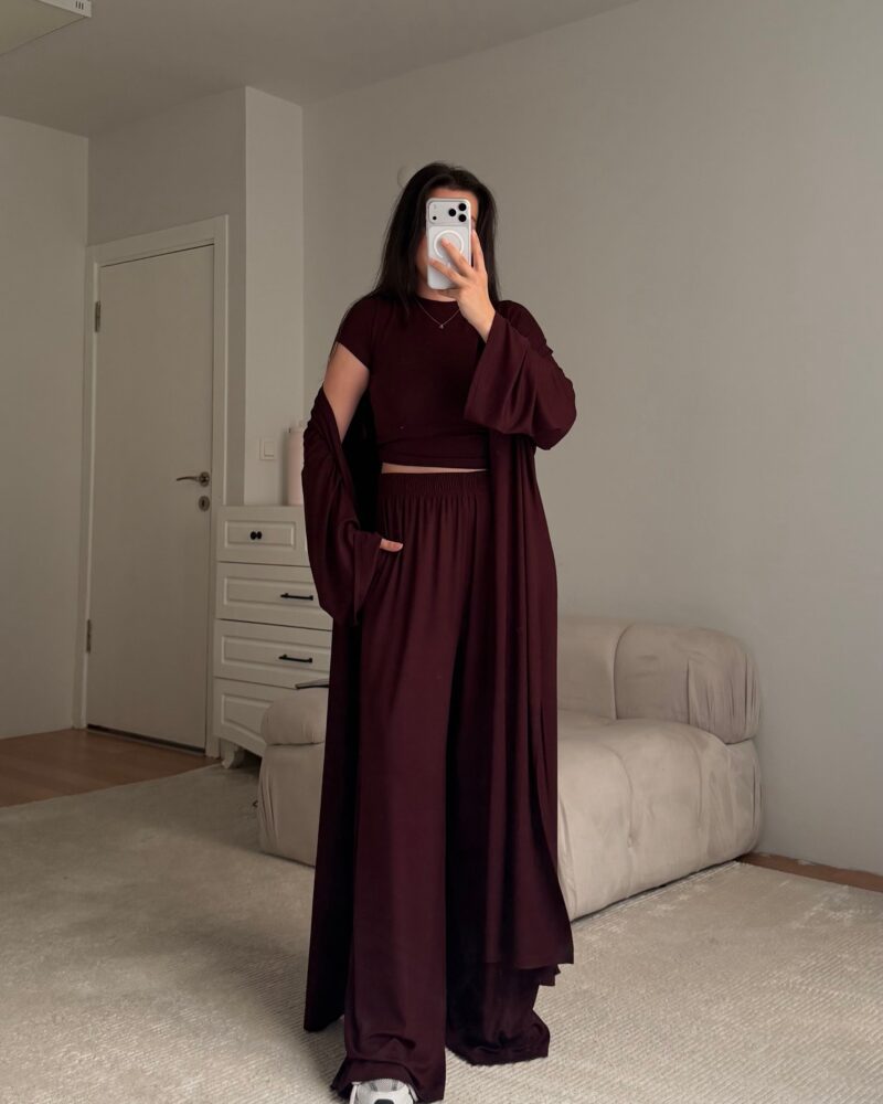 Flowing Maroon Cardigan Three-Piece Set
