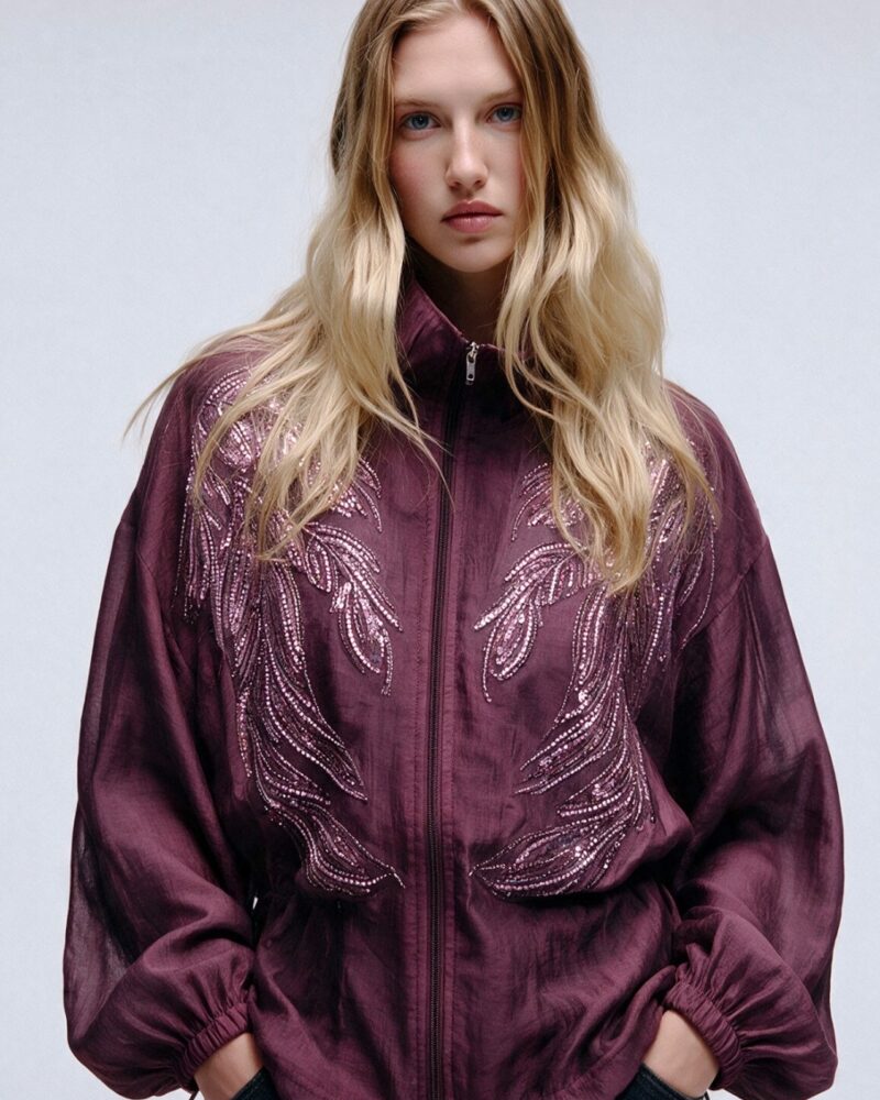 Ivory Beaded Sheer Bomber Jacket