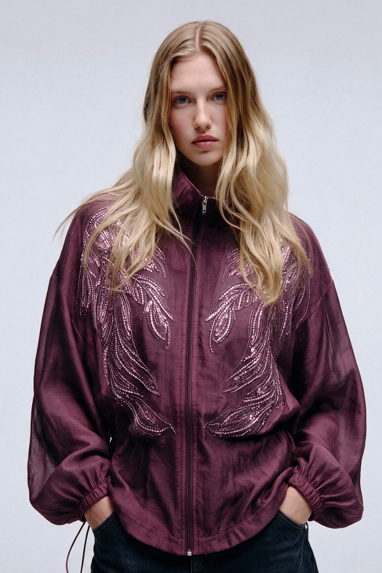 Ivory Beaded Sheer Bomber Jacket