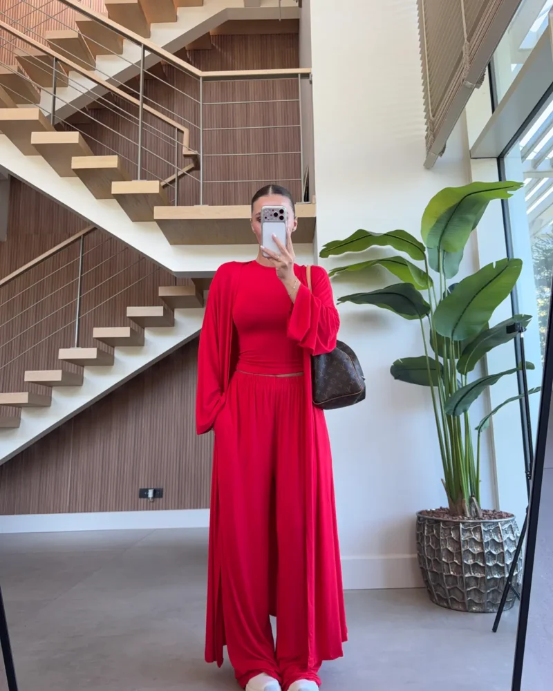 Flowing Maroon Cardigan Three-Piece Set - Red